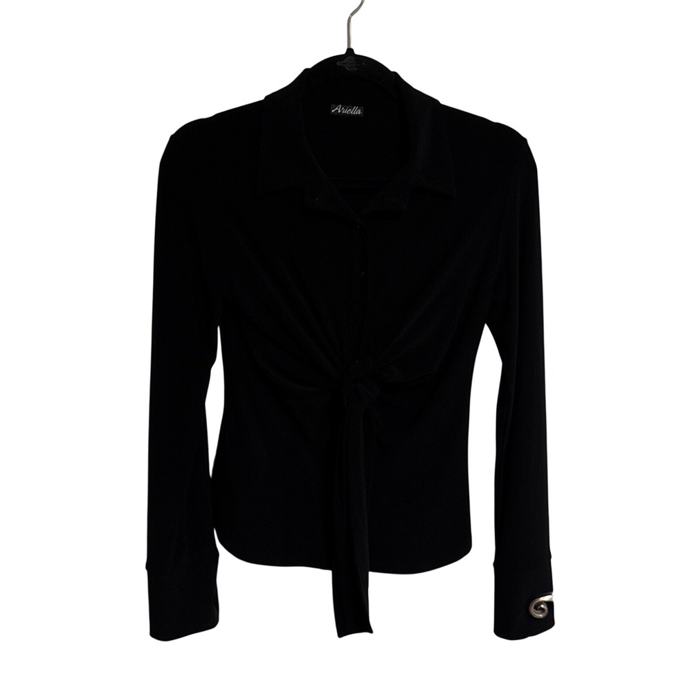 Ariella Whimsigoth Large Black Tie Front Long Sleeve Button Down Top Made in USA
